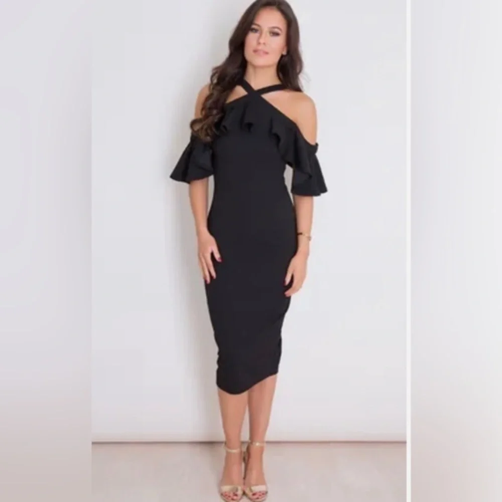Women’s Black Midi Criss Cross Wedding Guest Cocktail Ruffle Party Dress Large